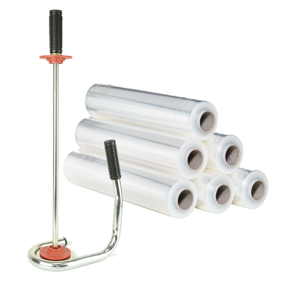 Produktabbildung: Profi-Stretchfolien-Set, 6 Rollen, BxL 500 mm x 300 lfm, inkl. 1 Handstretch-Apparat mit Kunststoff-Zentrierscheiben, transparent