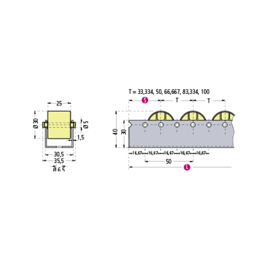 Produktabbildung Nr. 2: Baguette en U à galets, normal SF, paliers de 66 mm, capacité de charge par galet 5 kg