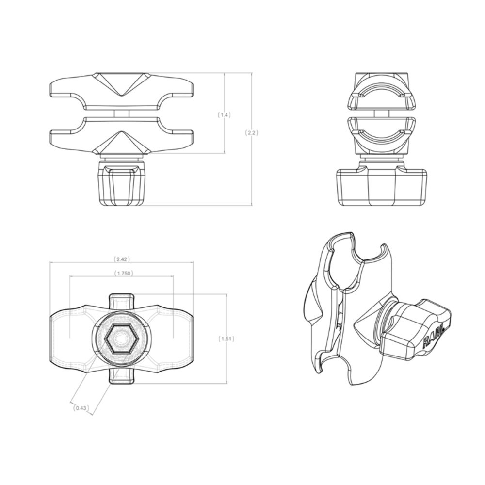 Produktabbildung Nr. 3: RAM Mounts Bras de connexion court (env. 60 mm), pour B-Balls (1 pouce)