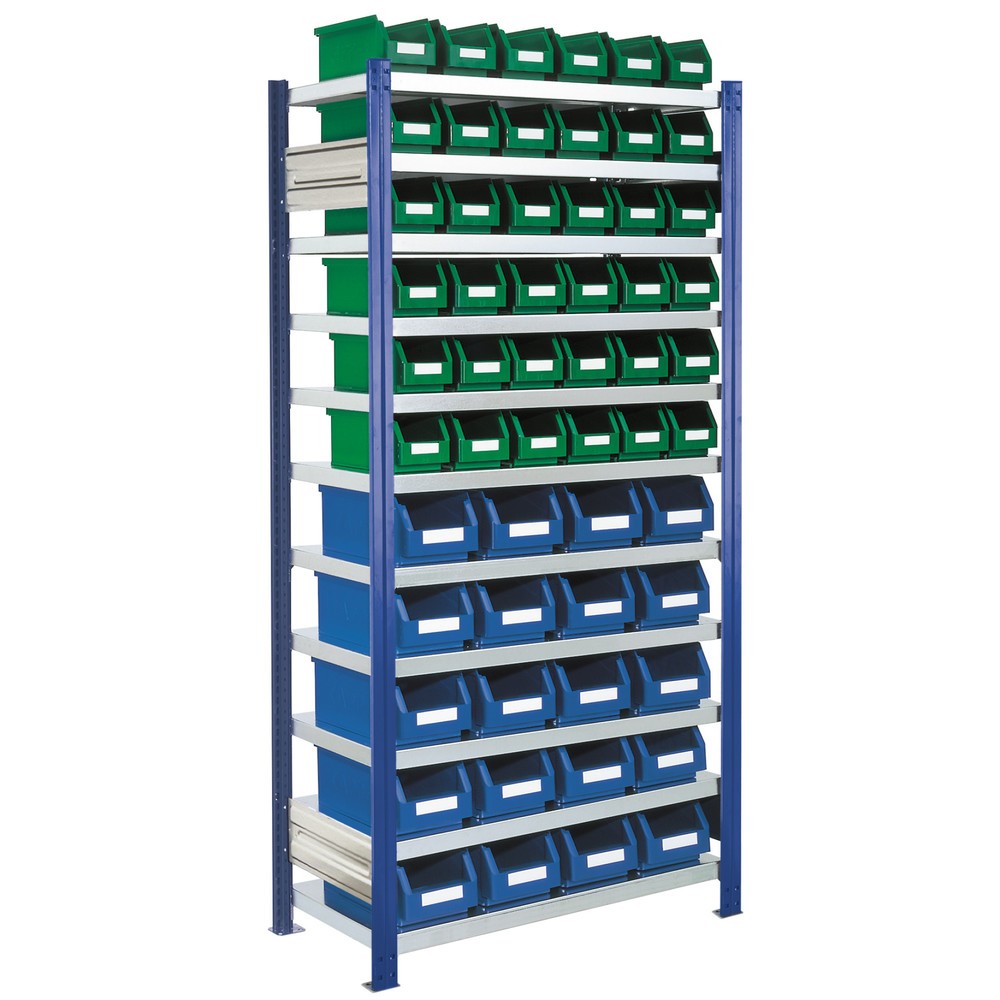 Illustration du produit: Kappes RasterPlan Rayonnage à tablettes bleu gentiane avec bacs à bec, charge par tablette 100 kg, HxlxP 2 000 x 1 060 x 435 mm