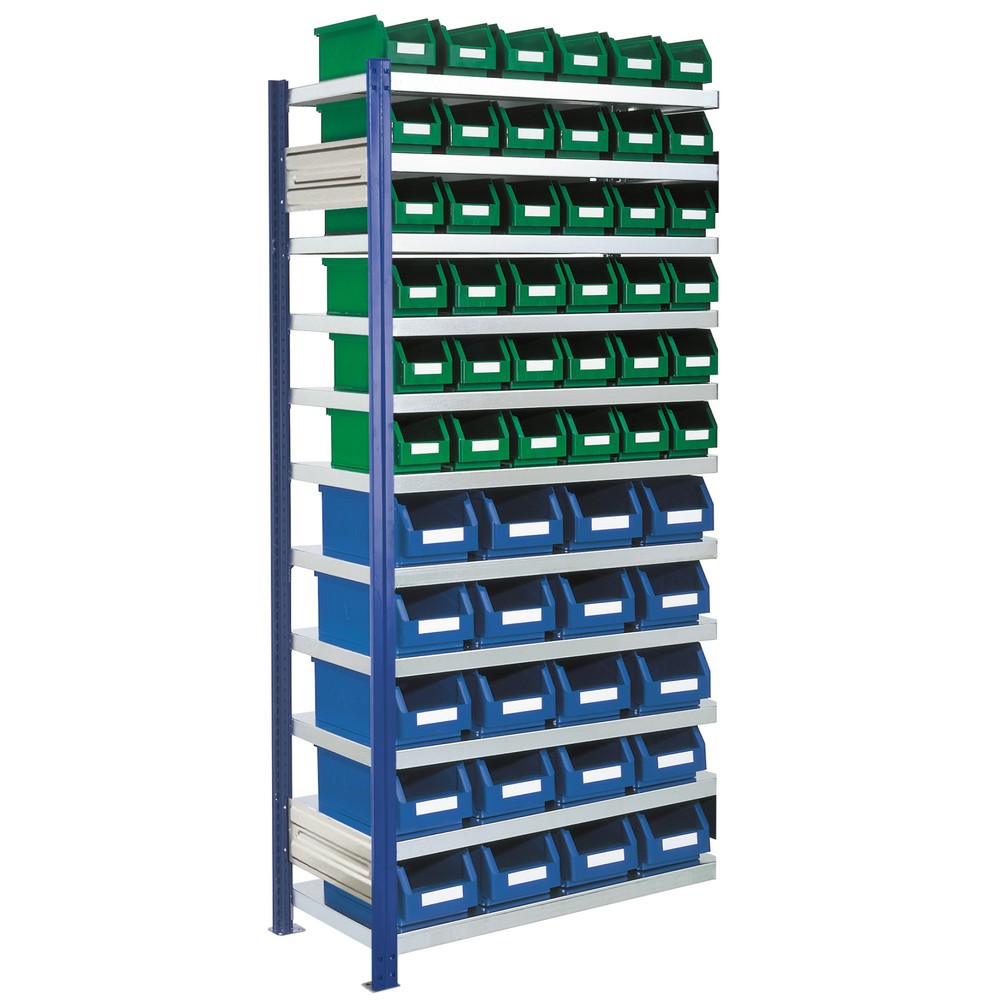 Illustration du produit: RasterPlan Rayonnage à tablettes, travée auxiliaire, charge par tablette 100 kg, avec 56 bacs à bec, HxlxP 2 000 x 1 000 x 400 mm