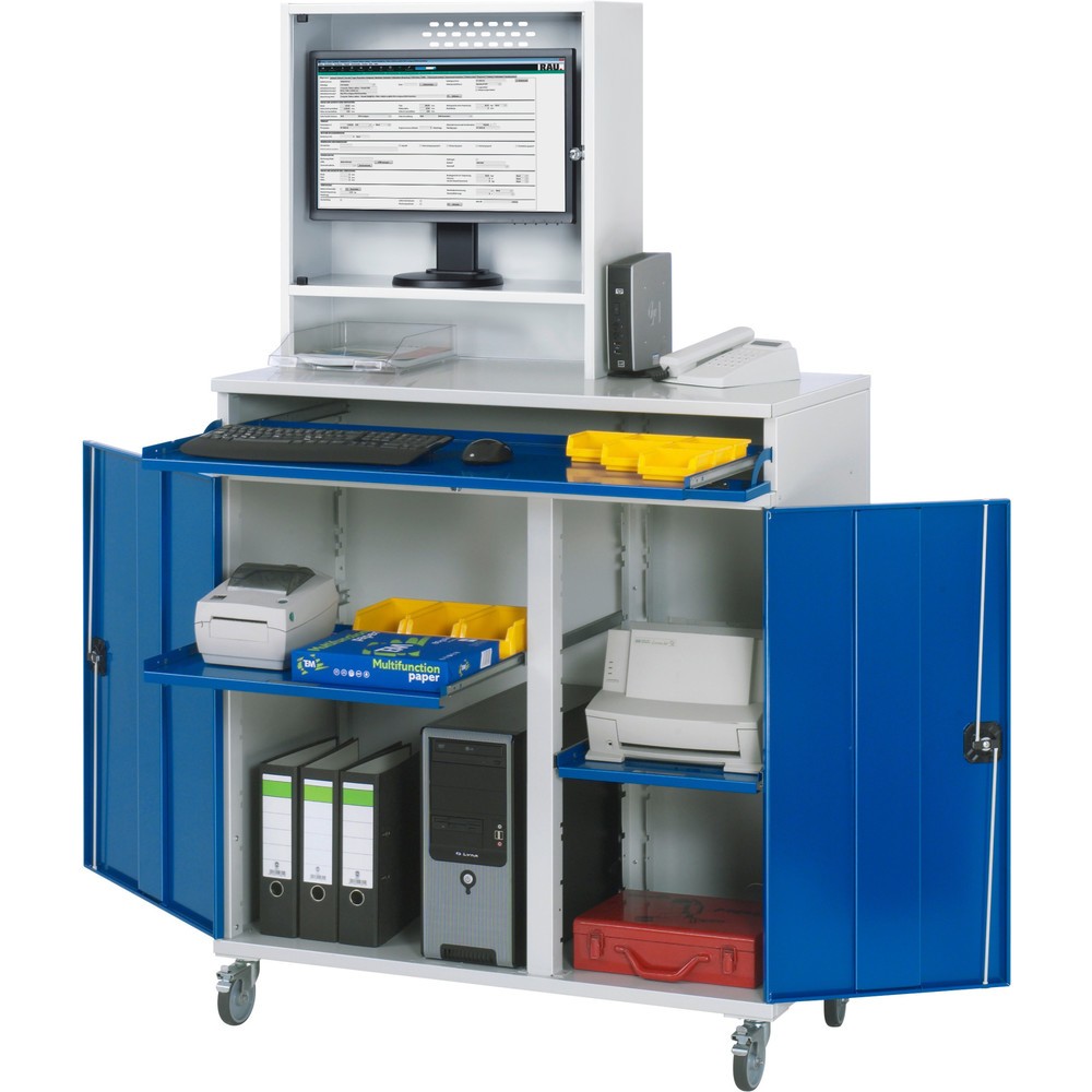 Illustration du produit: RAU Armoire informatique, boîtier d’écran, porte-clavier coulissant, double porte battante, compartiment pour écran profondeur 230, 2 x tablette extractible, mobile