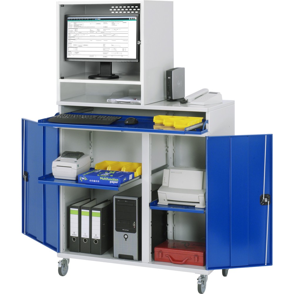 Illustration du produit: RAU Armoire informatique, boîtier d’écran, porte-clavier coulissant, double porte battante, compartiment pour écran profondeur 500, 2 x tablette extractible, mobile