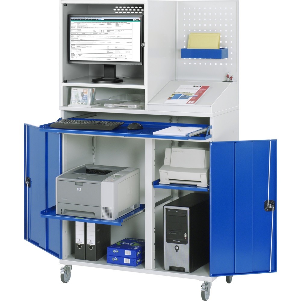 Produktabbildung Nr. 1: RAU Armoire informatique, boîtier d’écran, porte-clavier coulissant, panneau arrière perforé, double porte battante, mobile