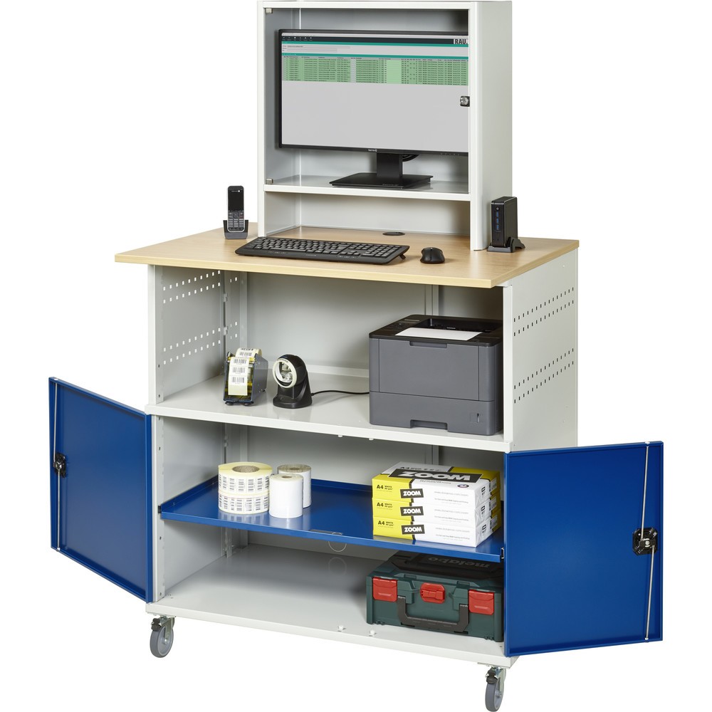 Produktabbildung Nr. 1: RAU Computer-Tisch, HxBxT 1.860 x 1.100 x 800 mm, Buche Dekor Arbeitsplatte, mit 2 Flügeltüren und Monitorfach