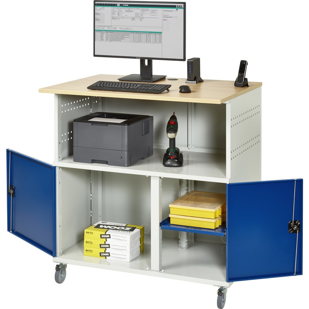 Produktabbildung Nr. 1: RAU Computer-Tisch, HxBxT 1.150 x 1.100 x 800 mm, Buche Dekor Arbeitsplatte, mit 2 Flügeltüren und Steckdosenleiste