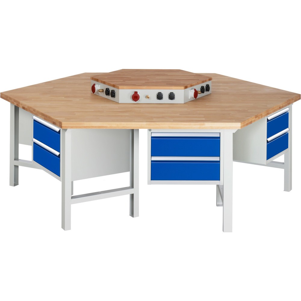 Illustration du produit: RAU Établi de groupe série 4000, HxlxP 790-1 140 x 2 700 x 2 340 mm, avec rehausse d’alimentation, 6 caissons sous plateau, avec 2 tiroirs chacun