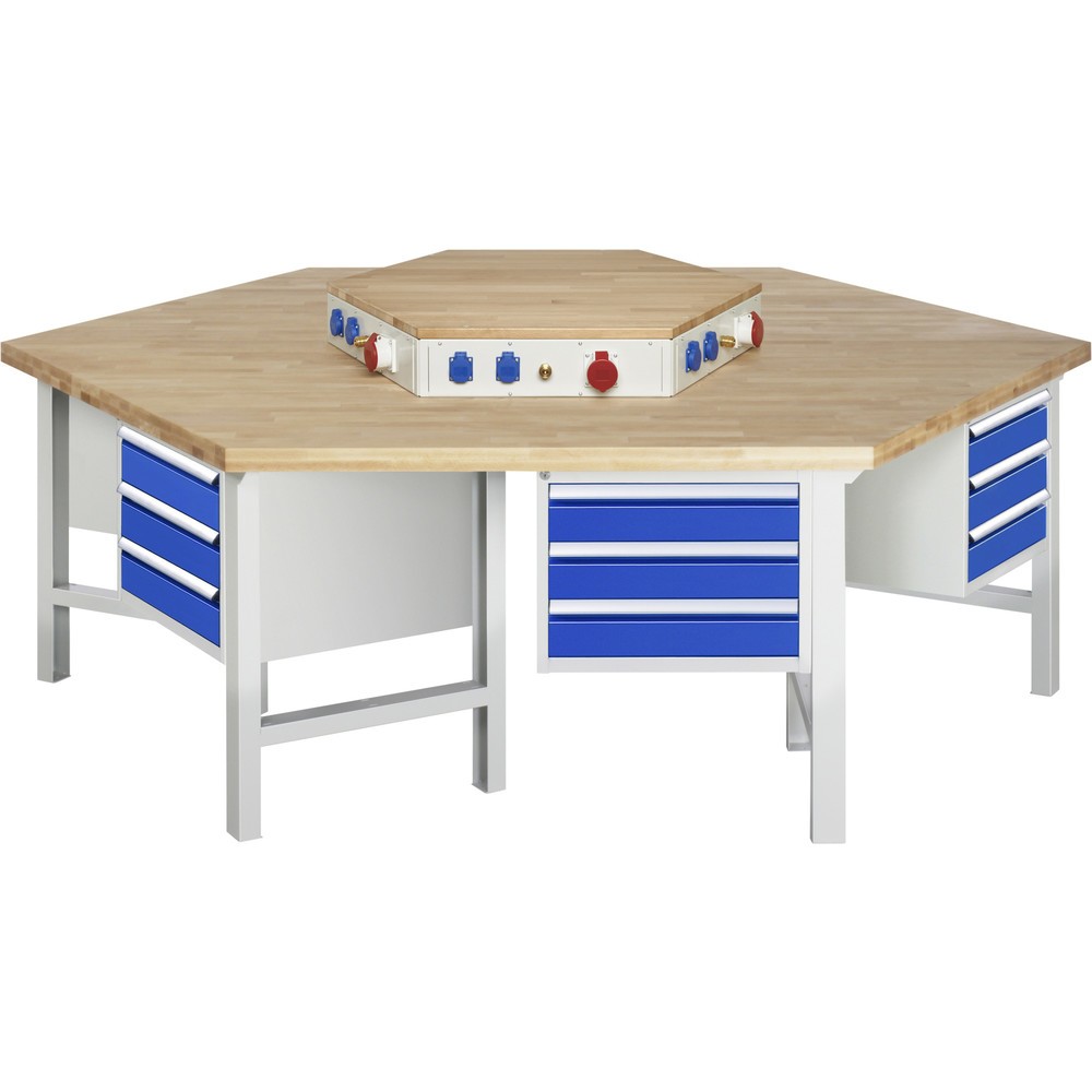 Illustration du produit: RAU Établi de groupe série 4000, HxlxP 790-1 140 x 2 700 x 2 340 mm, avec rehausse d’alimentation, 6 caissons sous plateau, avec 3 tiroirs chacun