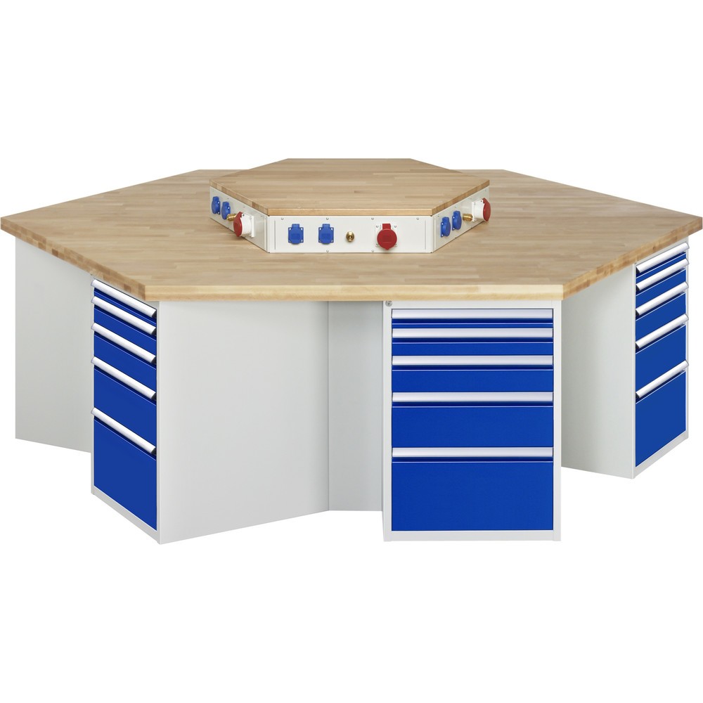 Illustration du produit: RAU Établi de groupe série 4000, HxlxP 890 x 2 700 x 2 340 mm, avec rehausse d’alimentation, 6 caissons sous plateau, avec 5 tiroirs chacun