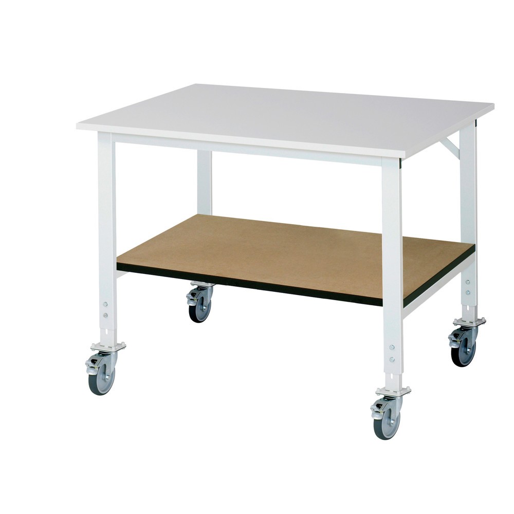 Illustration du produit: RAU Table de travail mobile réglable en hauteur Série TOM avec tablette profondeur 795 mm, hauteur 910-1 230 mm, lxP 1 250 x 1 000 mm, plan de travail avec revêtement en mélamine