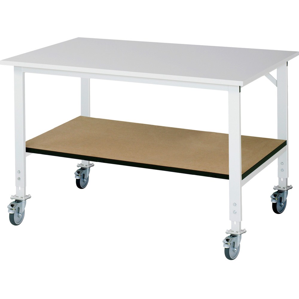 Illustration du produit: RAU Table de travail mobile réglable en hauteur Série TOM avec tablette profondeur 795 mm, hauteur 910-1 230 mm, lxP 1 500 x 1 000 mm, plan de travail avec revêtement en mélamine