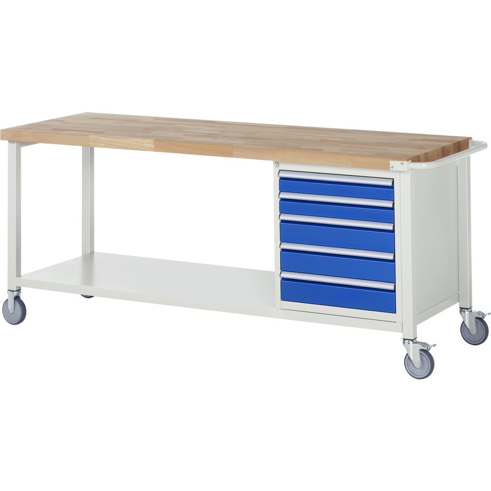 Illustration du produit: RAU Établi mobile série 8000, HxlxP 880 x 2 000 x 700 mm, 1 caisson sous plateau, avec 5 tiroirs