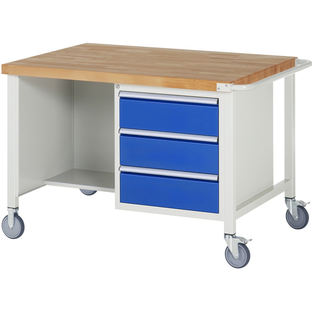 Illustration du produit: RAU Établi mobile série 8000, HxlxP 880 x 1 250 x 900 mm, 1 double caisson sous plateau, avec 3 tiroirs et compartiment de rangement
