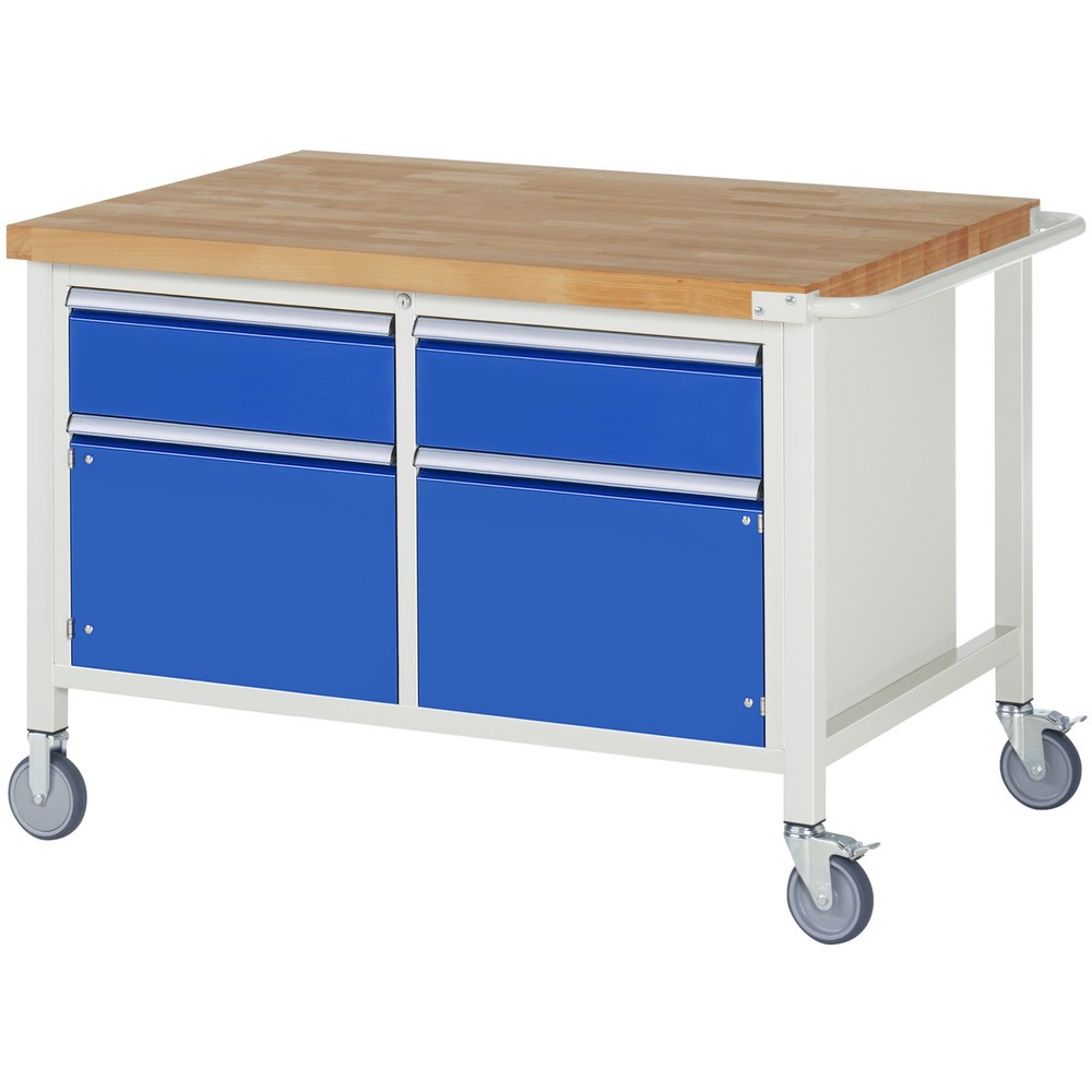Illustration du produit: RAU Établi mobile série 8000, HxlxP 880 x 1 250 x 900 mm, 1 double caisson sous plateau, avec 2 tiroirs et 2 portes battantes