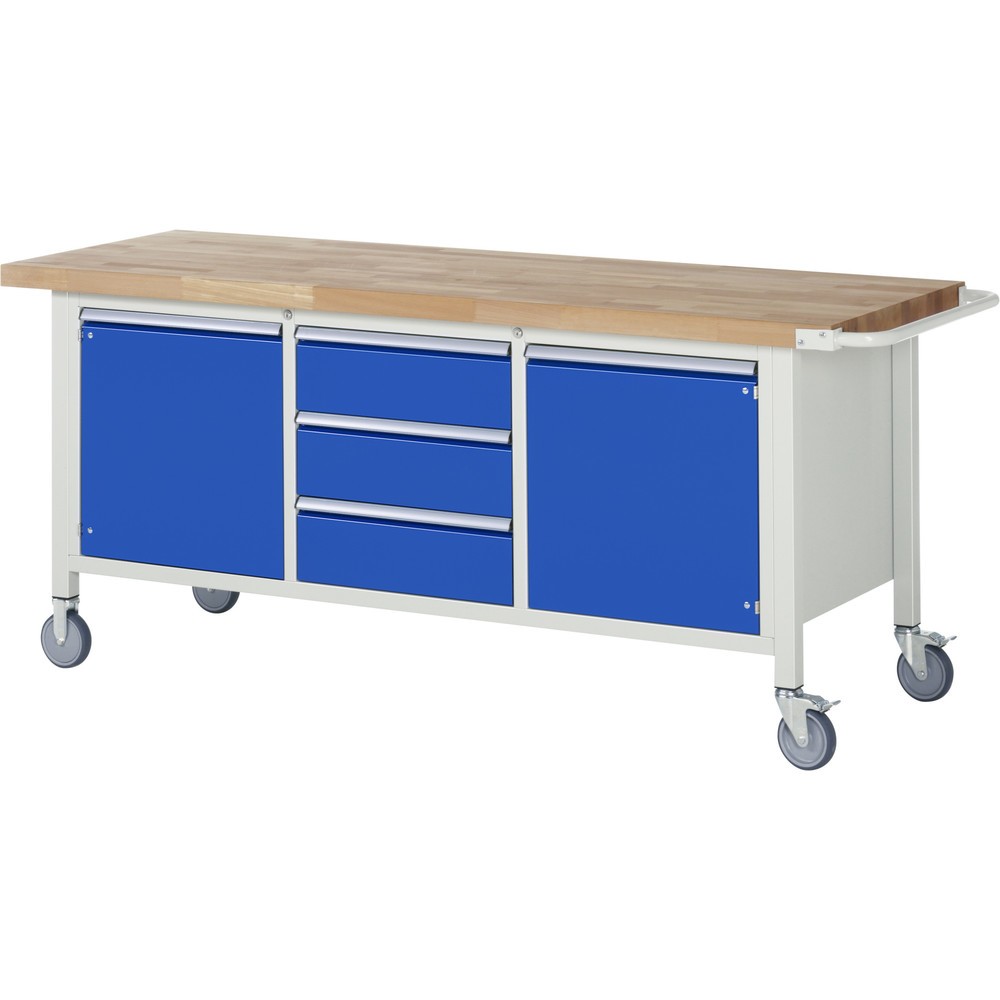 Illustration du produit: RAU Établi mobile série 8000, 1 triple caisson, 2 tablettes, 2 portes battantes, HxlxP 880-1 080 x 2 000 x 700 mm, 3 tiroirs extractibles à 100 %