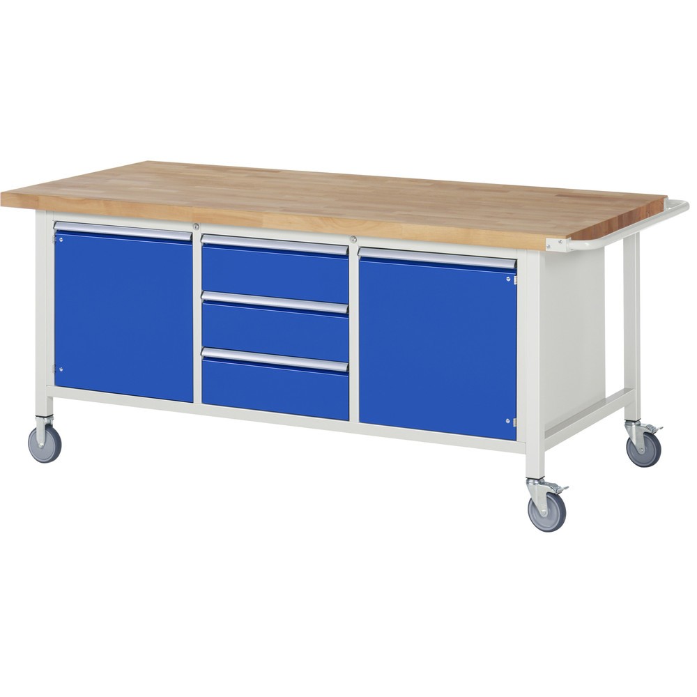 Illustration du produit: RAU Établi mobile série 8000, HxlxP 880 x 2 000 x 900 mm, 1 triple caisson sous plateau, avec 3 tiroirs et 2 portes battantes
