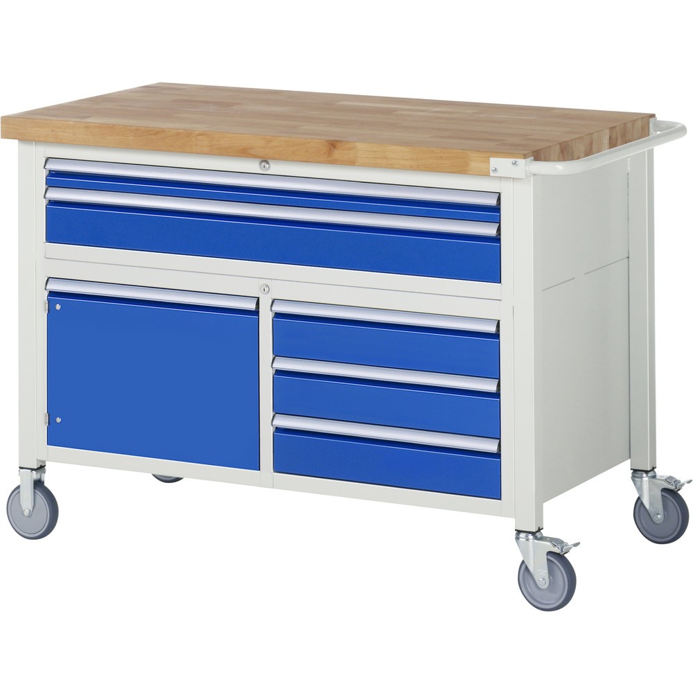 Illustration du produit: RAU Établi mobile série 8000, HxlxP 920 x 1 250 x 700 mm, 1 triple caisson sous plateau, avec 5 tiroirs et 1 porte battante