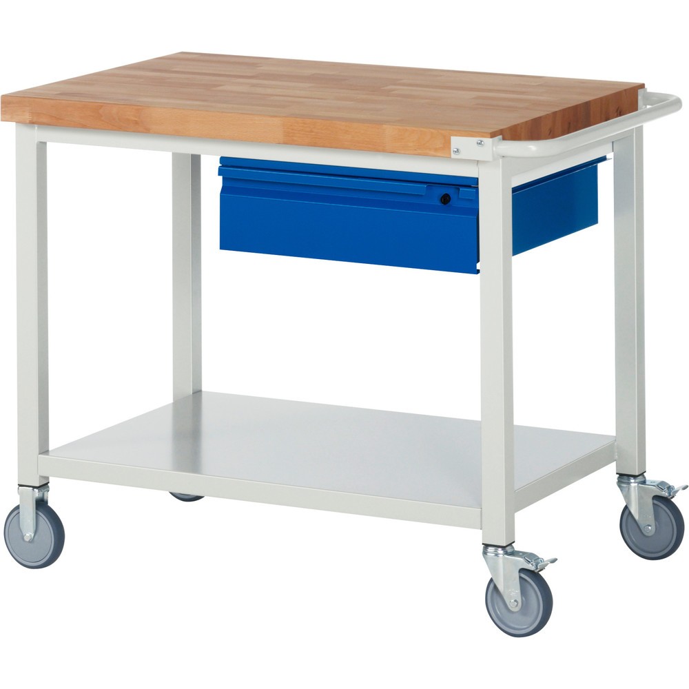 N° de l'image du produit 1 : RAU Établi mobile série 8000, Plan de travail en hêtre massif, épaisseur 40 mm, HxlxP 880 x 1 000 x 700 mm, 1 tiroir, 1 tablette profondeur 650 mm