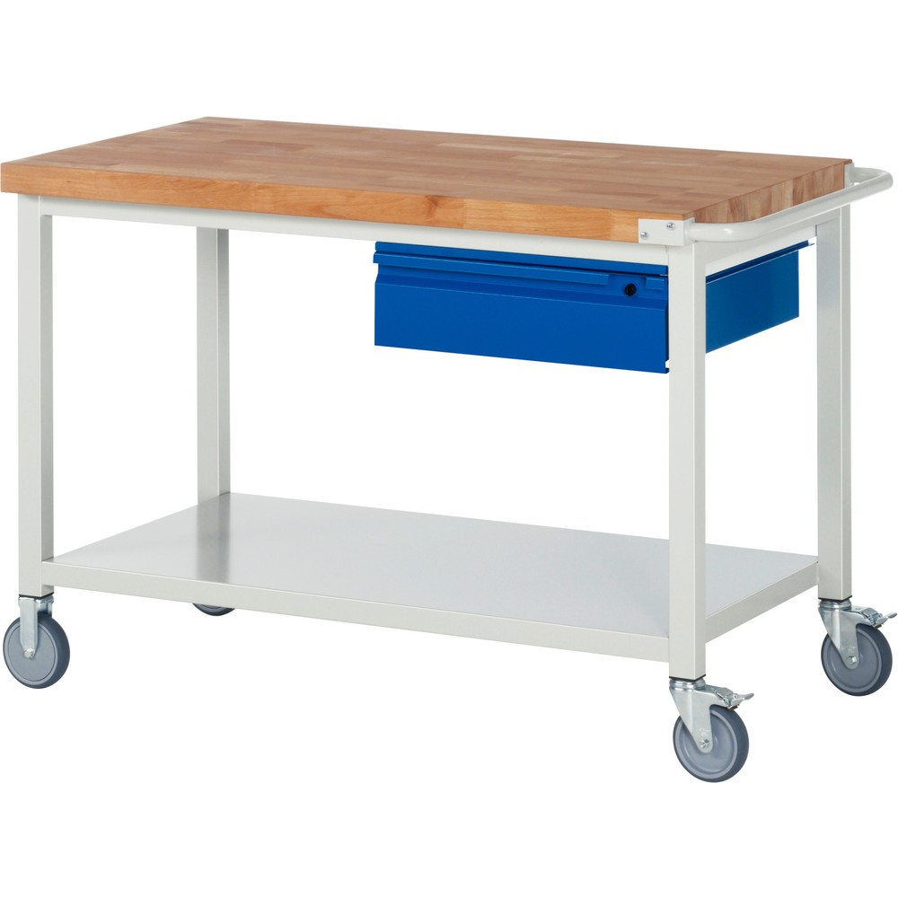 N° de l'image du produit 1 : RAU Établi mobile série 8000, Plan de travail en hêtre massif, épaisseur 40 mm, HxlxP 880 x 1 250 x 700 mm, 1 tiroir, 1 tablette profondeur 650 mm