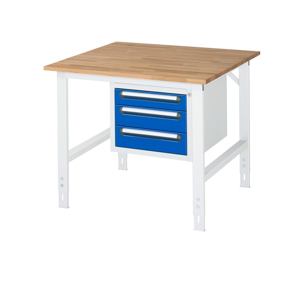 Produktabbildung Nr. 1: RAU Établi réglable en hauteur série TOM, HxlxP 760-1 080 x 1 000 x 1 000 mm, 3 tiroirs, Plan de travail en hêtre massif