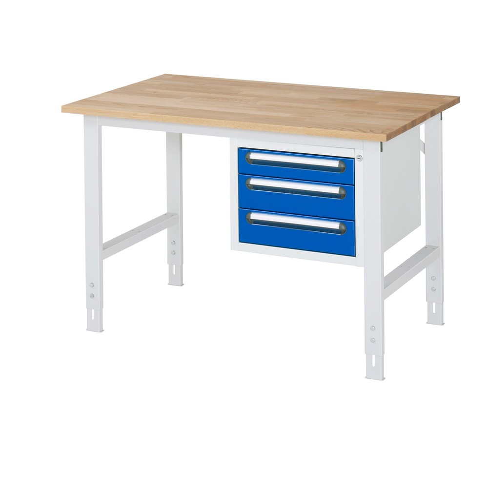 Produktabbildung Nr. 1: RAU Établi réglable en hauteur série TOM, HxlxP 760-1 080 x 1 250 x 800 mm, 3 tiroirs, Plan de travail en hêtre massif
