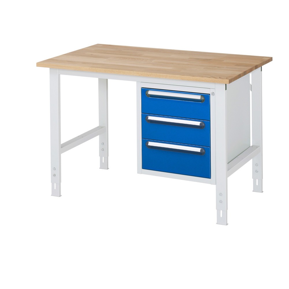 Illustration du produit: RAU Établi réglable en hauteur série TOM, HxlxP 760-1 080 x 1 250 x 800 mm, 3 tiroirs, Plan de travail en hêtre massif