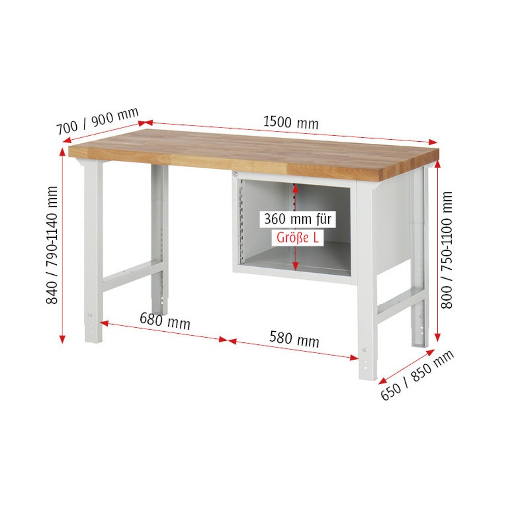 Produktabbildung Nr. 5: RAU Établi série 7000, 1 caisson, HxlxP 790-1 140 x 1 500 x 900 mm, 4 tiroirs extractibles à 90 % 1 x 60, 2 x 90, 1 x 120 mm