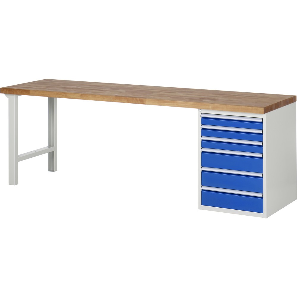Illustration du produit: RAU Établi série 7000, HxlxP 890 x 2 500 x 700 mm, 1 caisson sous plateau à droite, avec 6 tiroirs