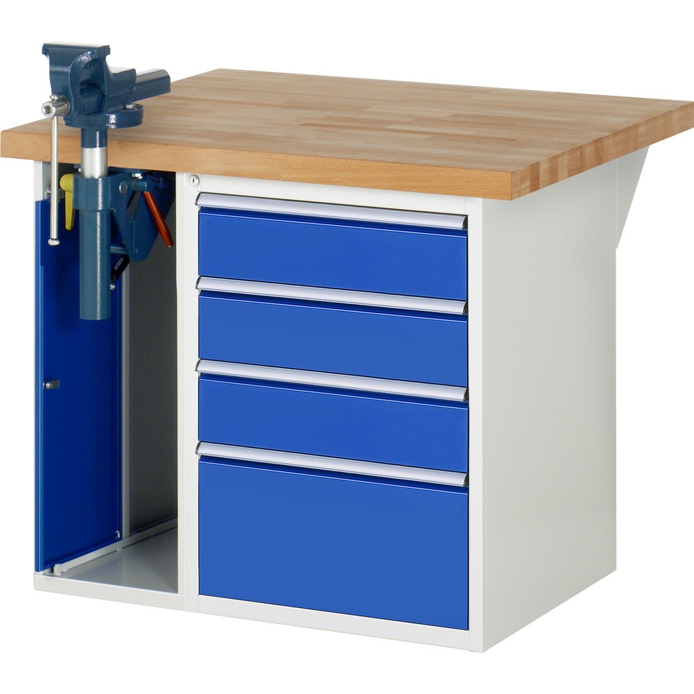 Illustration du produit: RAU Établi série 7000, HxlxP 890 x 1 000 x 900 mm, 1 caisson sous plateau, avec 4 tiroirs et un étau escamotable