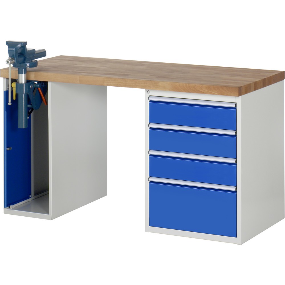 Illustration du produit: RAU Établi série 7000, HxlxP 890 x 1 500 x 700 mm, 1 caisson sous plateau, avec 4 tiroirs et un étau escamotable