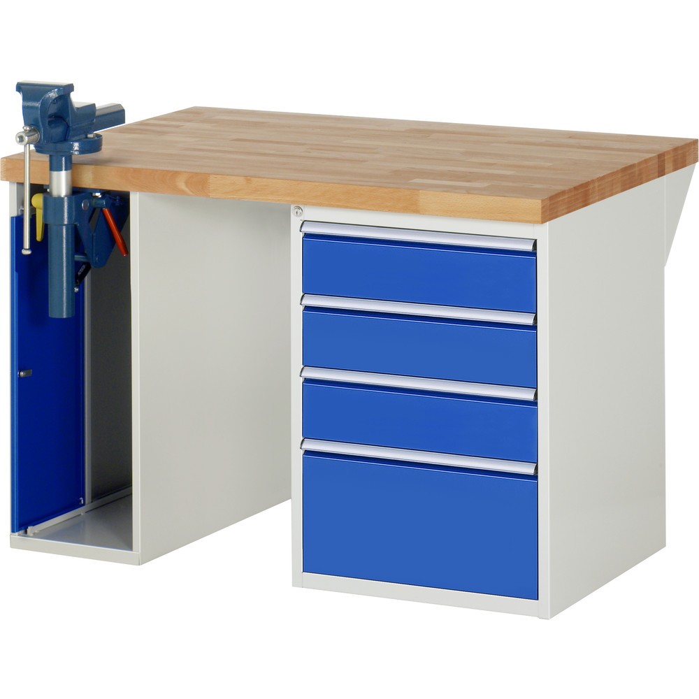 Illustration du produit: RAU Établi série 7000, HxlxP 890 x 1 250 x 900 mm, 1 caisson sous plateau, avec 4 tiroirs et un étau escamotable