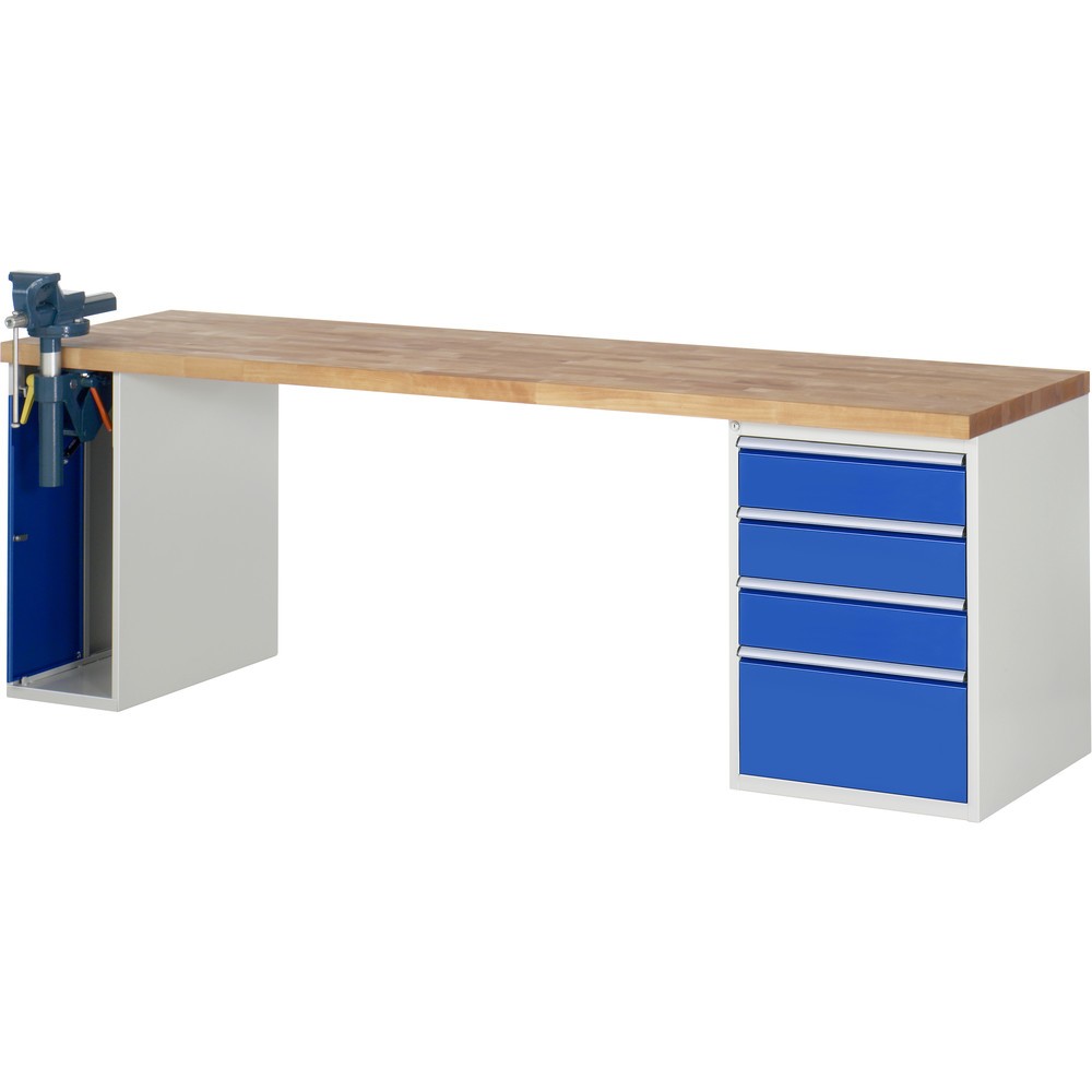 Illustration du produit: RAU Établi série 7000, HxlxP 890 x 2 500 x 700 mm, 1 caisson sous plateau, avec 4 tiroirs et un étau escamotable