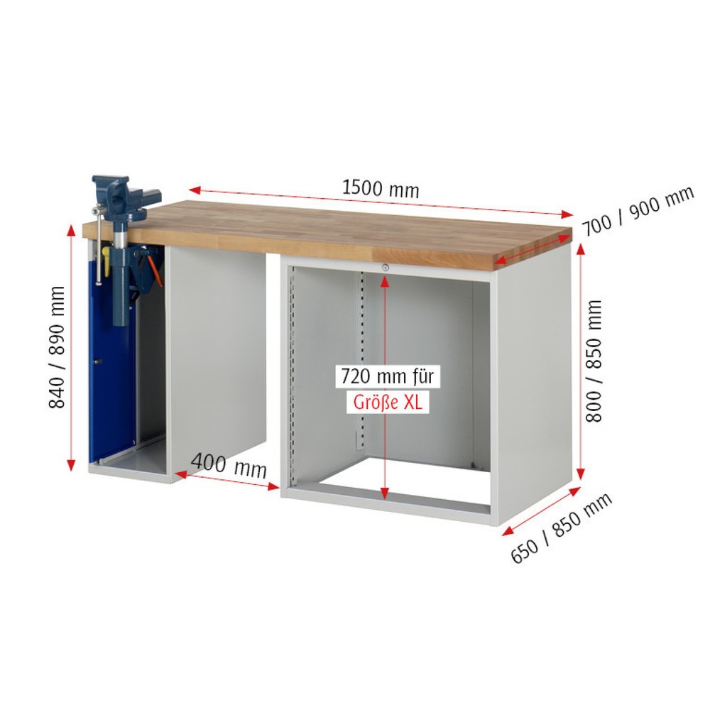 Produktabbildung Nr. 6: RAU Établi série 7000, 2 caissons, HxlxP 890 x 1 500 x 900 mm, 4 tiroirs extractibles à 100%, capacité de charge des tiroirs 75 kg