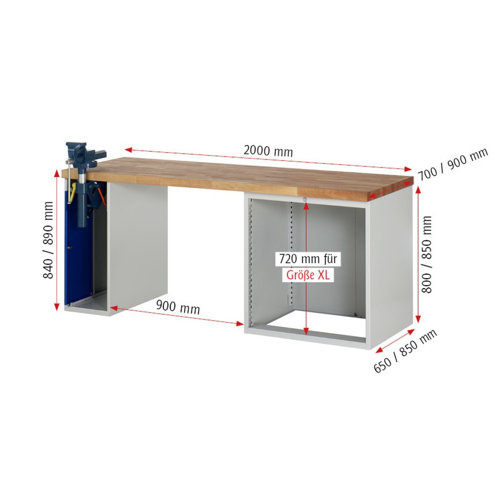 Produktabbildung Nr. 5: RAU Établi série 7000, 2 caissons, HxlxP 890 x 2 000 x 900 mm, 4 tiroirs extractibles à 90%, capacité de charge des tiroirs 75 kg