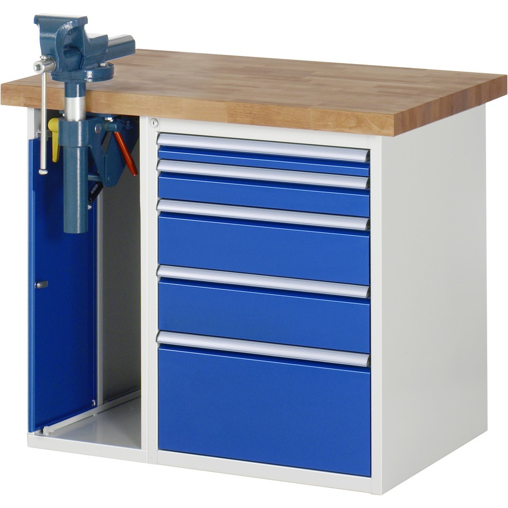 Illustration du produit: RAU Établi série 7000, 2 caissons, HxlxP 890 x 1 000 x 700 mm, 5 tiroirs, étau