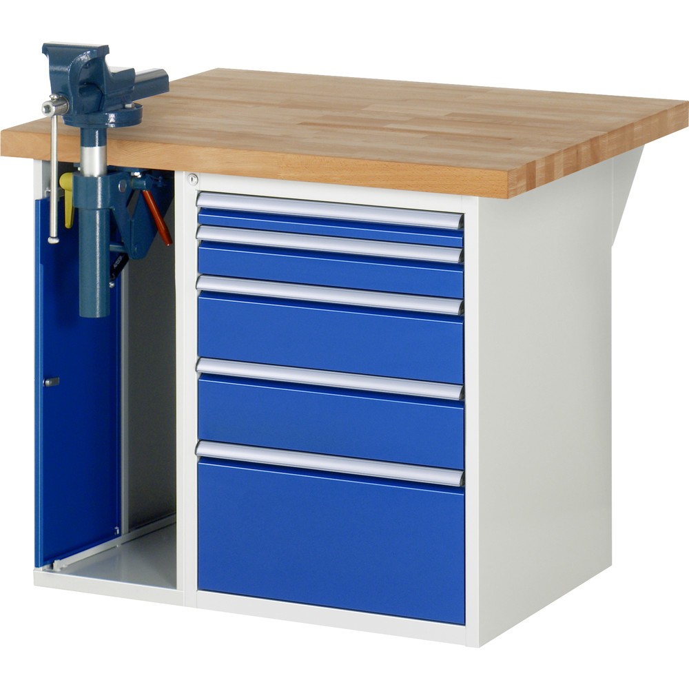 Illustration du produit: RAU Établi série 7000, HxlxP 890 x 1 000 x 900 mm, 1 caisson sous plateau, avec 5 tiroirs et un étau escamotable