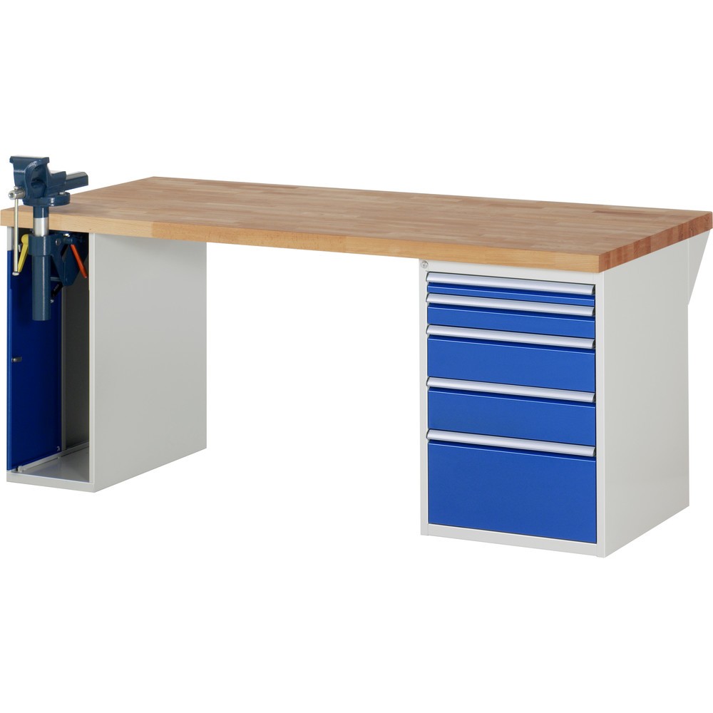 Illustration du produit: RAU Établi série 7000, HxlxP 890 x 2 000 x 900 mm, 1 caisson sous plateau, avec 5 tiroirs et un étau escamotable