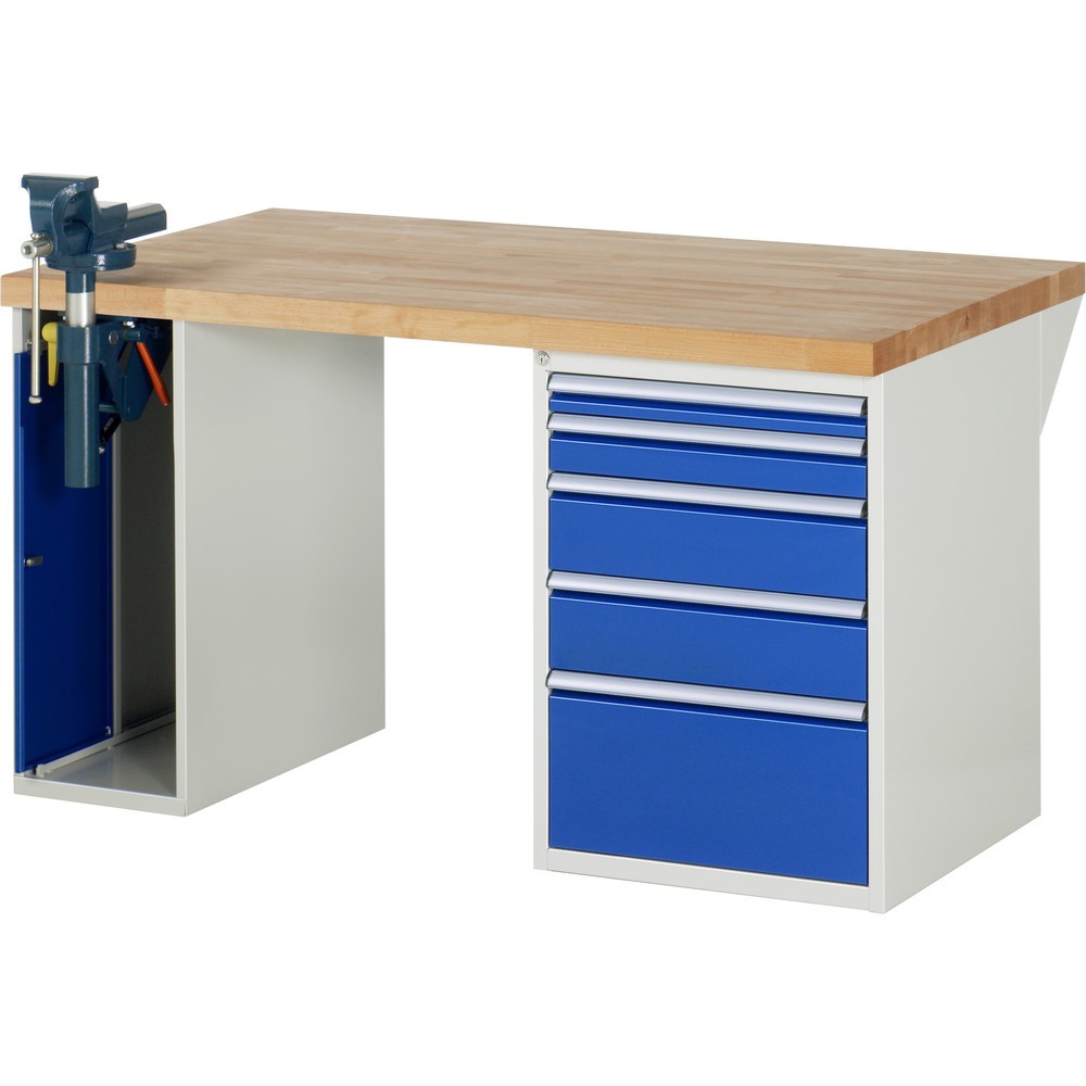 Illustration du produit: RAU Établi série 7000, HxlxP 890 x 1 500 x 900 mm, 1 caisson sous plateau, avec 5 tiroirs et un étau escamotable