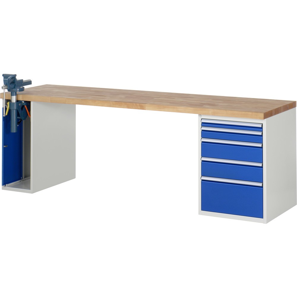 Illustration du produit: RAU Établi série 7000, HxlxP 890 x 2 500 x 700 mm, 1 caisson sous plateau, avec 5 tiroirs et un étau escamotable