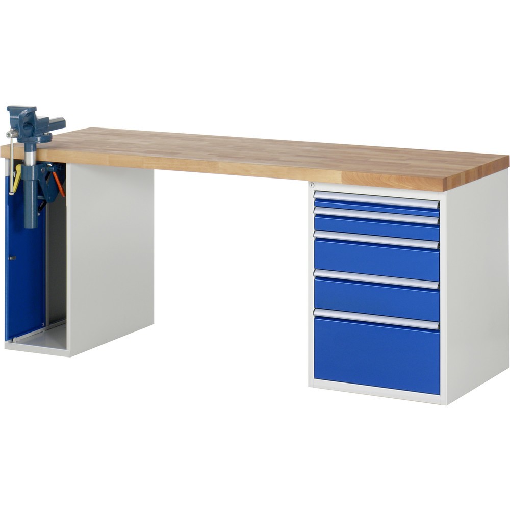 Illustration du produit: RAU Établi série 7000, HxlxP 890 x 2 000 x 700 mm, 1 caisson sous plateau, avec 5 tiroirs et un étau escamotable