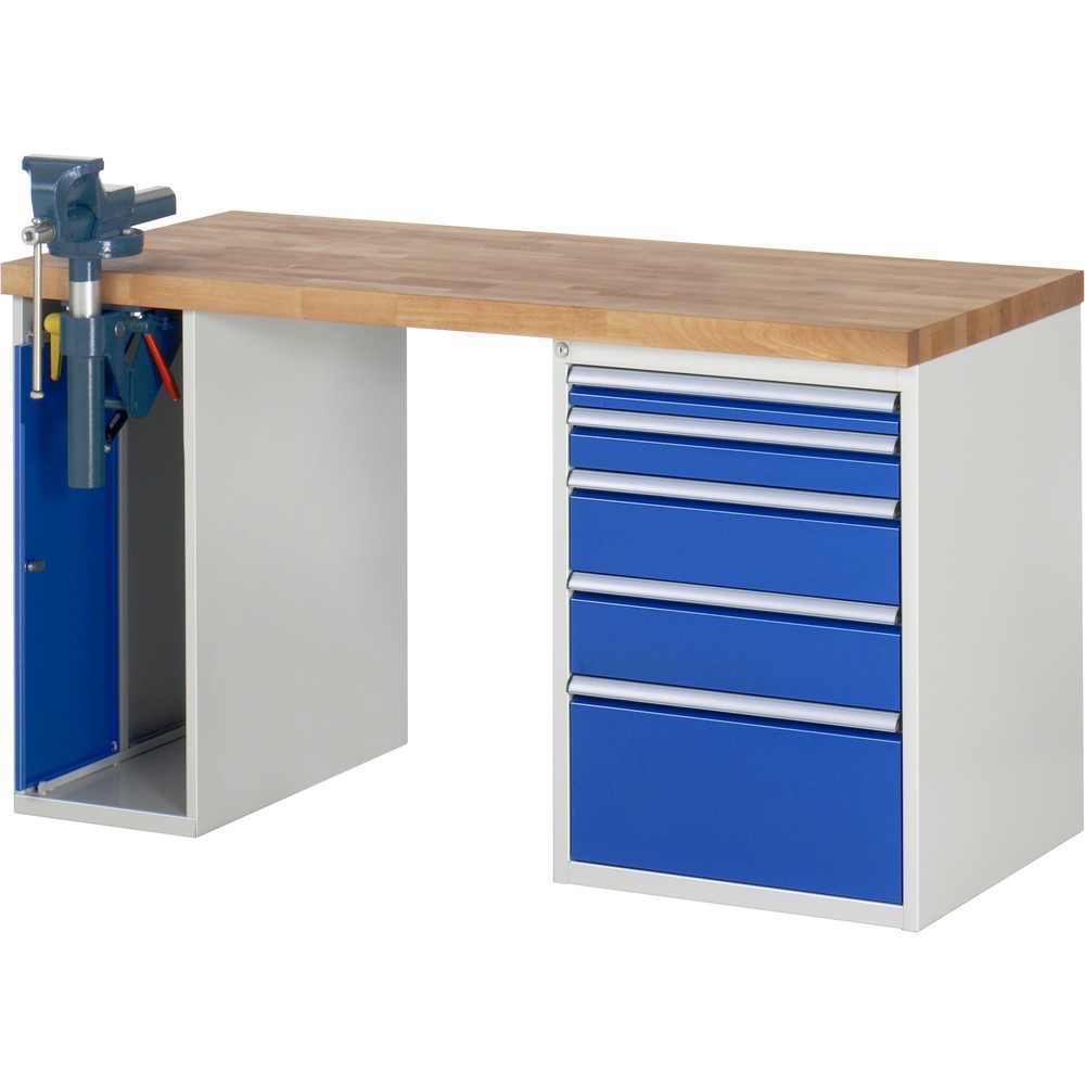 Illustration du produit: RAU Établi série 7000, HxlxP 890 x 1 500 x 700 mm, 1 caisson sous plateau, avec 5 tiroirs et un étau escamotable
