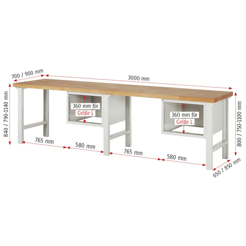 Produktabbildung Nr. 4: RAU Établi série 7000, 2 caissons, HxlxP 840 x 3 000 x 900 mm, 6 tiroirs extractibles à 90 % 2 x 60 mm, 2 x 120 mm, 2 x 180 mm