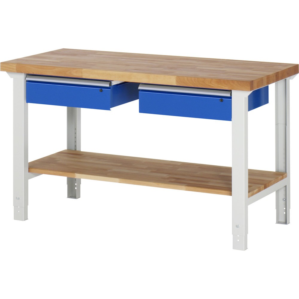 N° de l'image du produit 1 : RAU Établi série 7000, 1 tablette en hêtre massif, HxlxP 790-1 140 x 1 500 x 700 mm, 2 tiroirs 2 x 150 mm