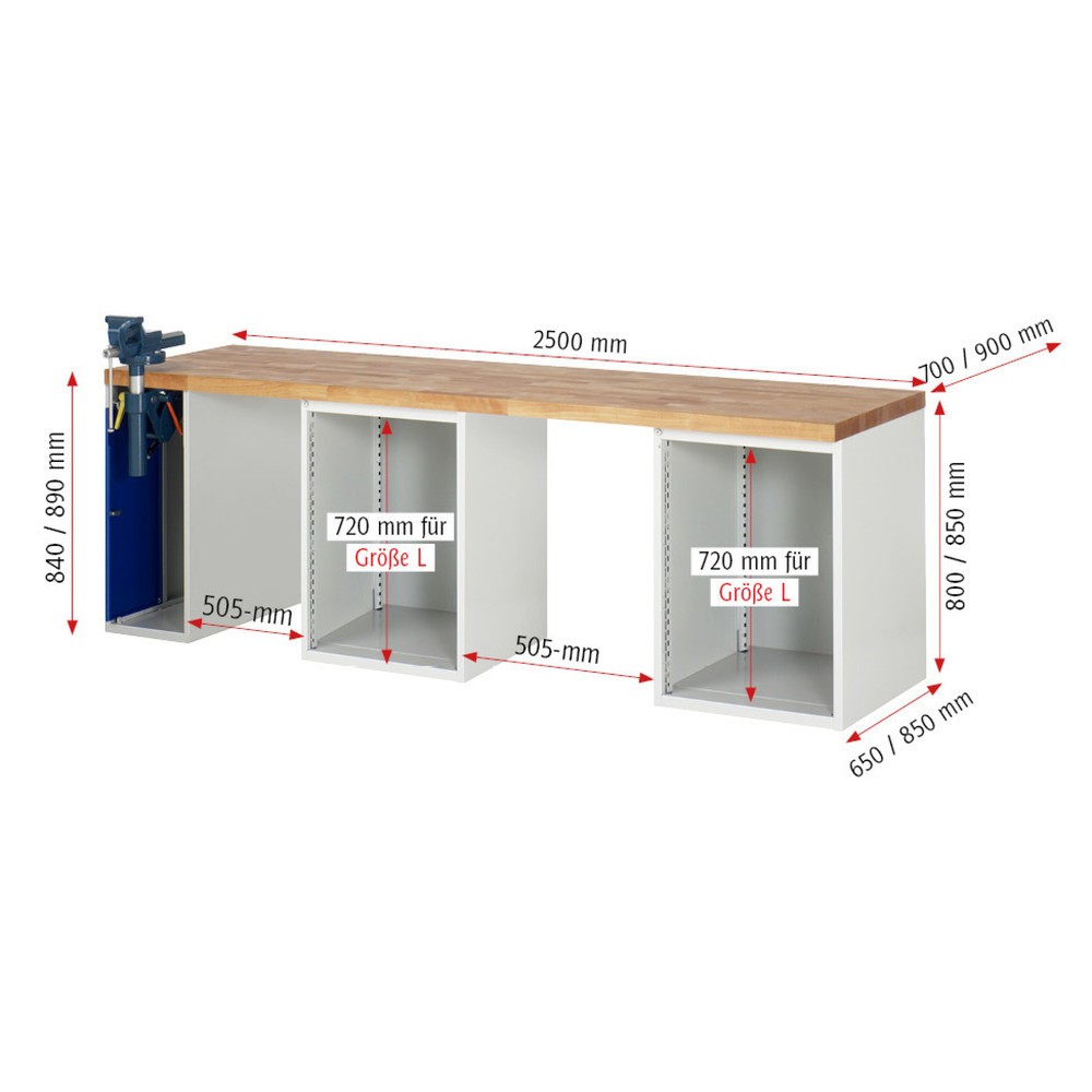 Produktabbildung Nr. 4: RAU Établi série 7000, 3 caissons, HxlxP 840 x 2 500 x 700 mm, 8 tiroirs extractibles à 90 % 6 x 150 mm, 2 x 270 mm