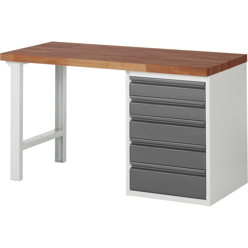 Produktabbildung Nr. 1: RAU Établi Série 7000, plan de travail en hêtre rouge massif, 1 caisson, HxlxP 890 x 1 500 x 700 mm, 5 tiroirs 2 x 120 mm, 2 x 150 mm 1 x 180 mm