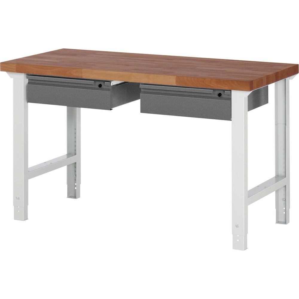 Produktabbildung Nr. 1: RAU Établi Série 7000, plan de travail en hêtre rouge massif, 2 tiroirs, HxlxP 790-1 140 x 1 500 x 700 mm, 2 tiroirs