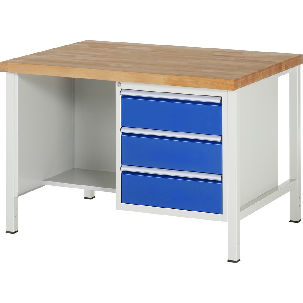 Illustration du produit: RAU Établi série 8000, HxlxP 840-1 040 x 1 250 x 900 mm, 1 caisson sous plateau à droite et compartiment de rangement, avec 3 tiroirs