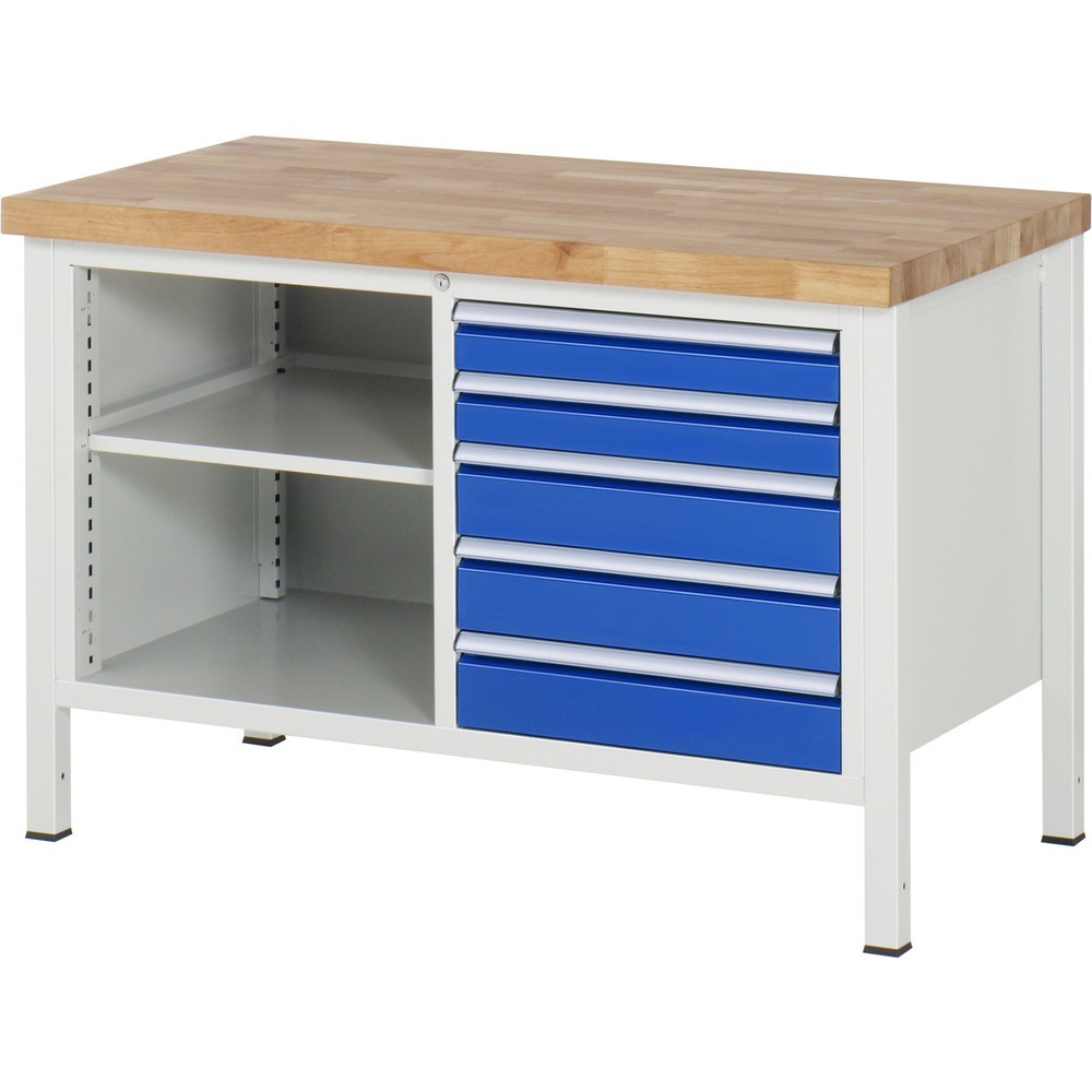 Illustration du produit: RAU Établi série 8000, 1 double caisson , 1 tablette, HxlxP 840-1 040 x 1 250 x 700 mm, 5 tiroirs
