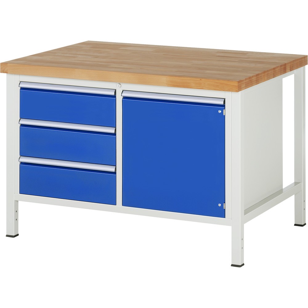 Illustration du produit: RAU Établi série 8000, HxlxP 840-1 040 x 1 250 x 900 mm, 1 double caisson sous plateau, avec 3 tiroirs et 1 porte battante