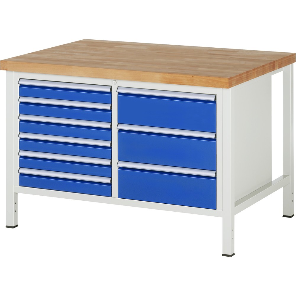 Illustration du produit: RAU Établi série 8000, HxlxP 840-1 040 x 1 250 x 900 mm, 1 double caisson sous plateau, avec 9 tiroirs